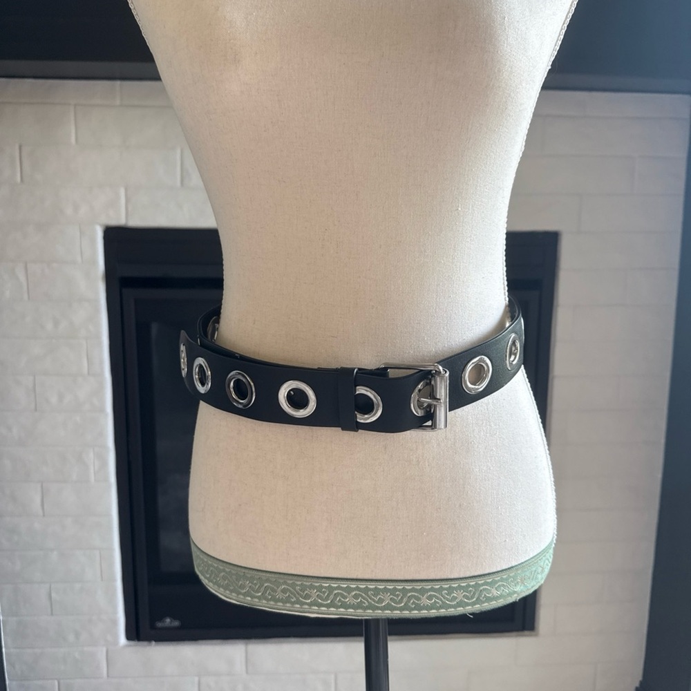 All Saints Black Leather Belt with Silver Accents